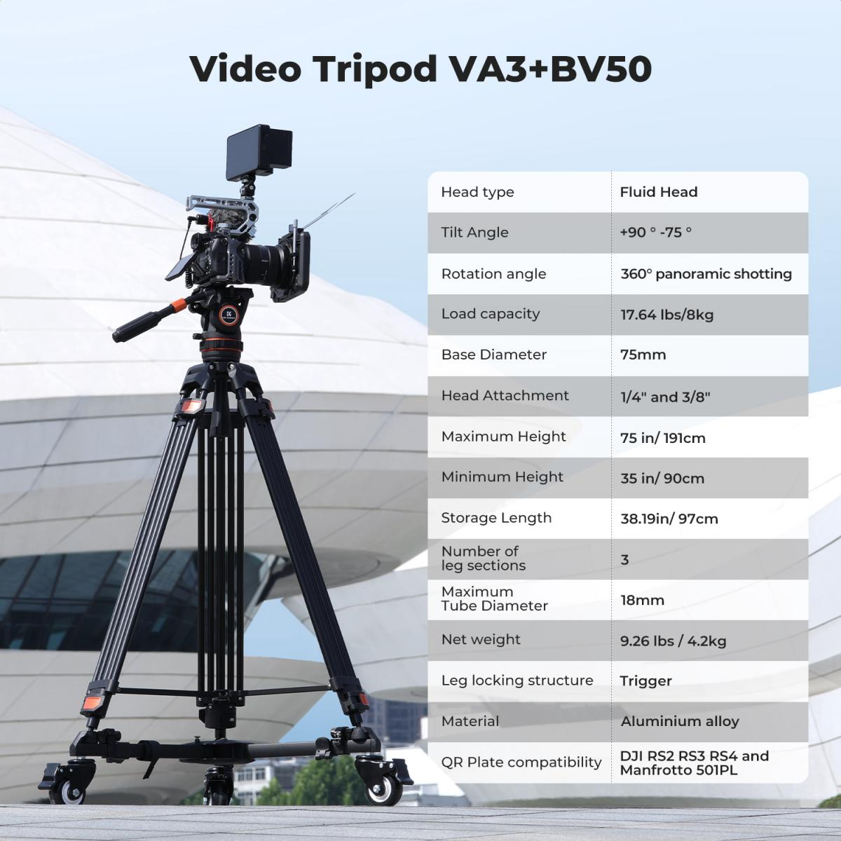 Tripé de Vídeo K&F Concept VA3 + BV10 com Cabeça Fluida – Altura Máx. 1,91m e Capacidade até 8kg