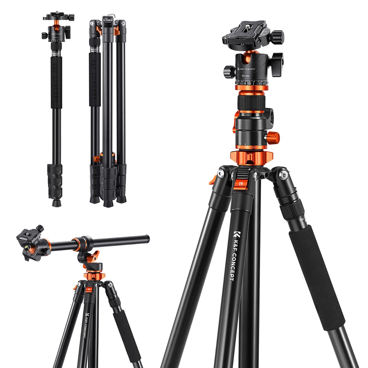 Tripé Profissional K&F Concept 10kg - Altura 170cm, Cabeça Esférica e Coluna Reversível