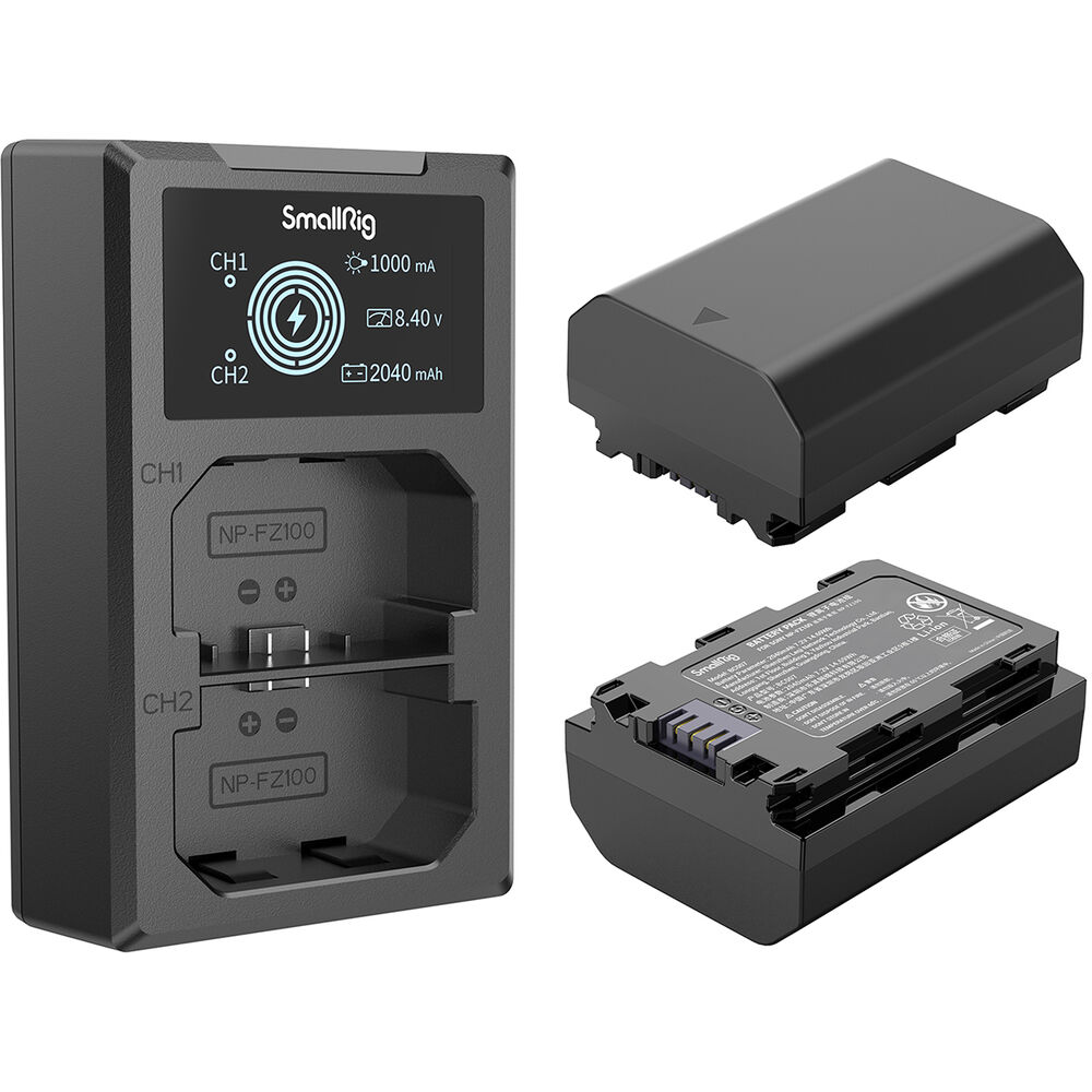 Kit de Carregador SmallRig com 2 Baterias NP-FZ100 - compatível com a9 II, a7S III, a6600 e outros modelos.