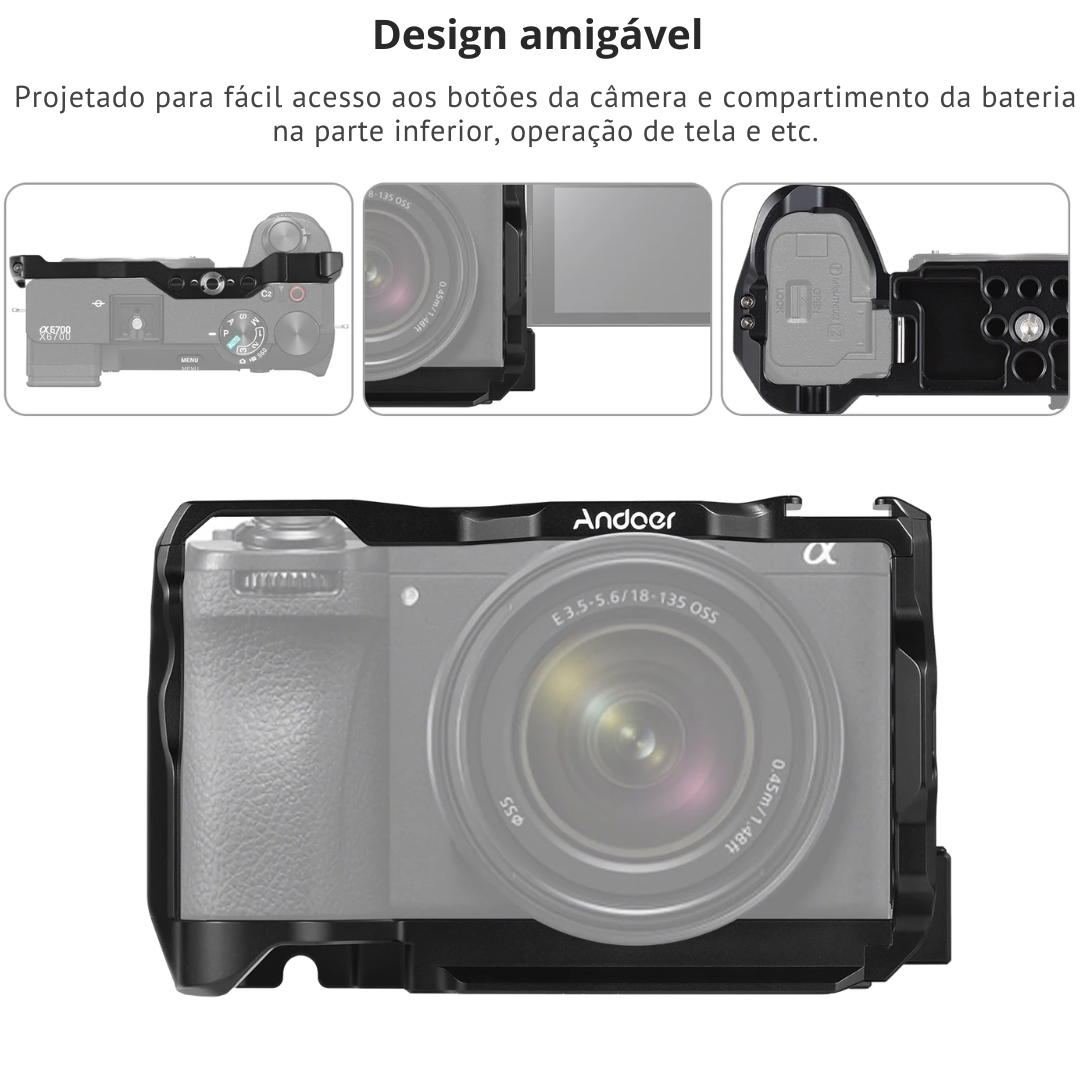 Cage Andoer para Câmera Sony a6700 – Estrutura em Alumínio com Múltiplas Roscas 1/4" e 3/8" para Acessórios