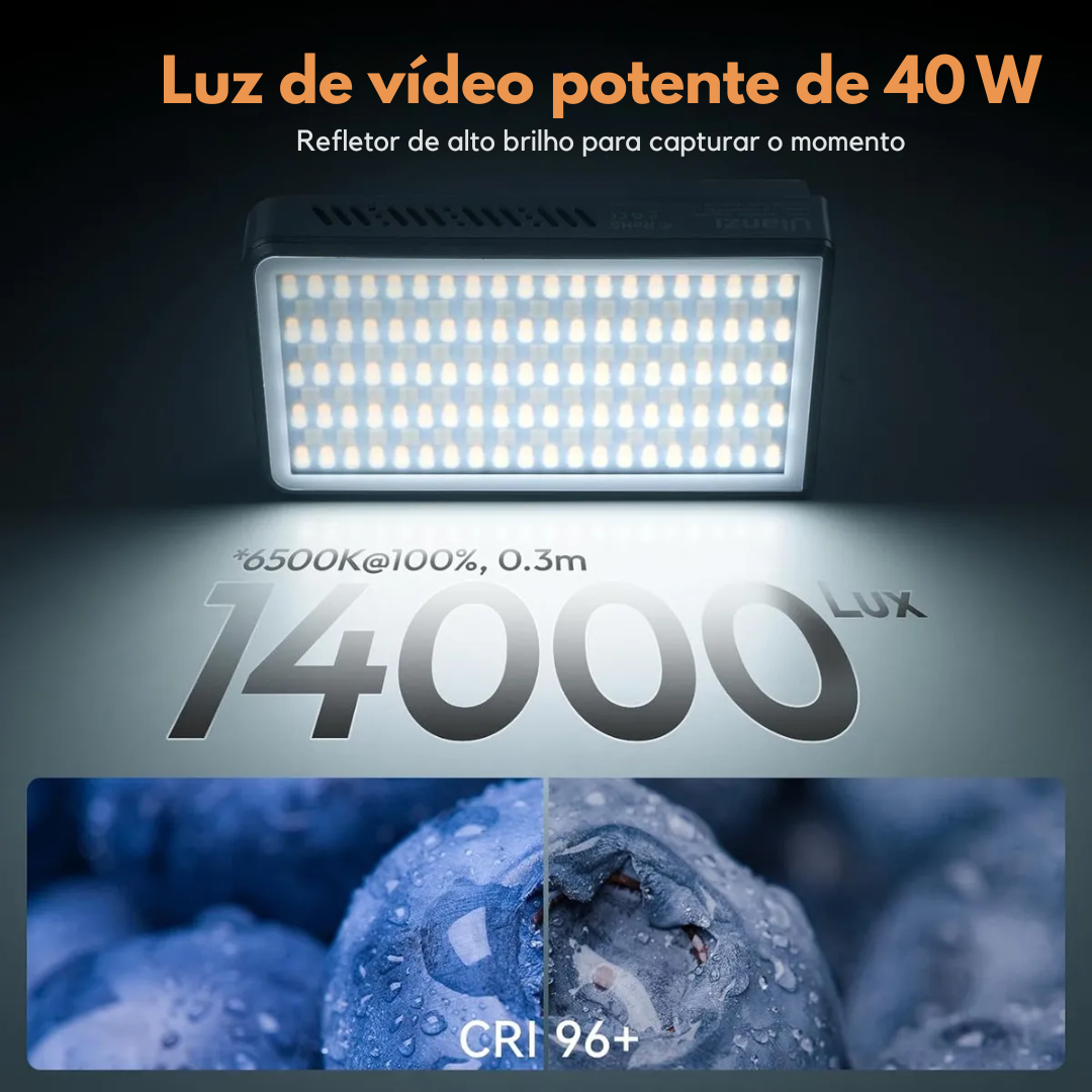 Luz de Vídeo LED Ulanzi P40Bi 40W Bicolor – 2700K a 6500K, Portátil e Bateria 5000mAh 