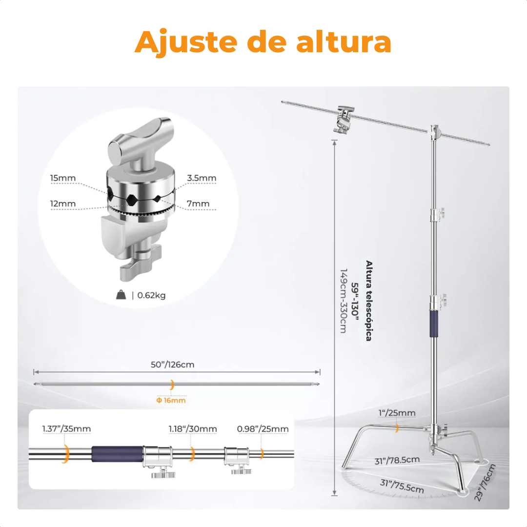 Tripé de Iluminação Tipo C K&F Concept 3,3 m – Suporte Profissional com Braço Horizontal de 126 cm