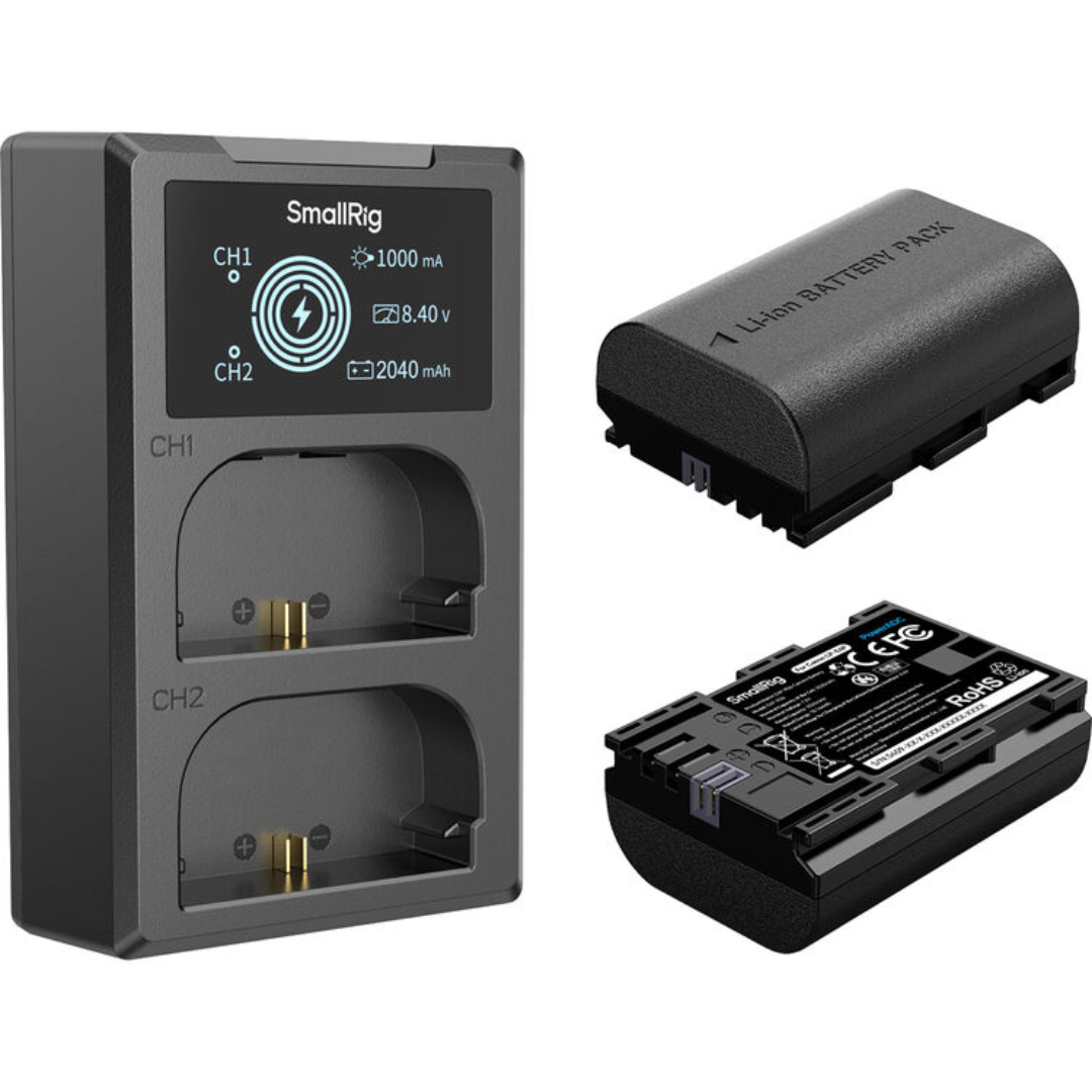 Kit de Carregador SmallRig com 2 Baterias LP-E6P – compatível com R5 Mark II, R5, R6 e outros modelos